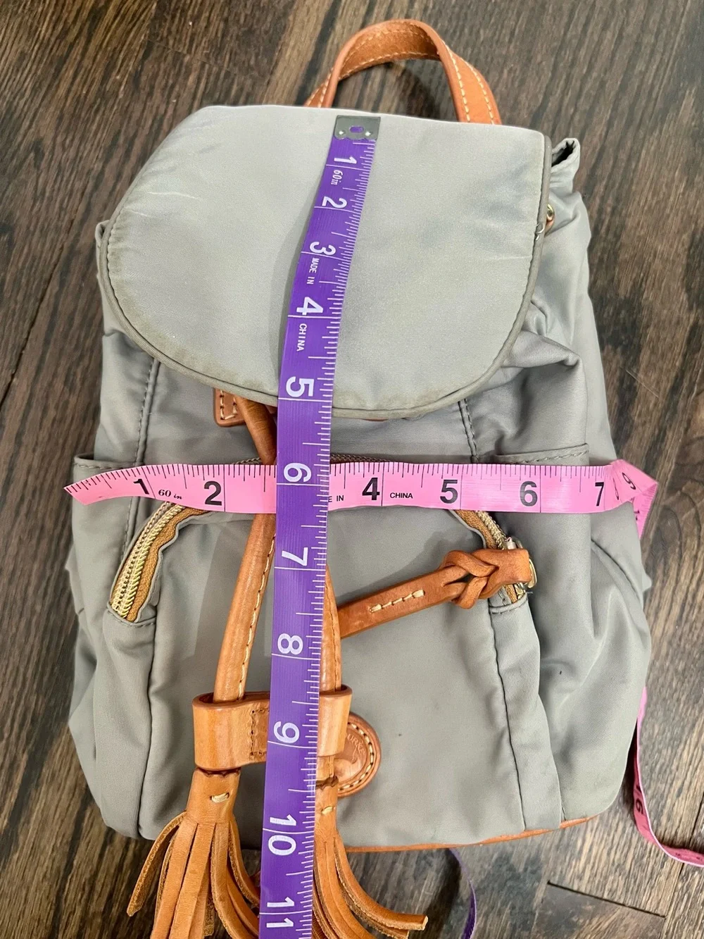 Dooney & Bourke Nylon Mini Backpack Gray Leather Trim Tassel Bag